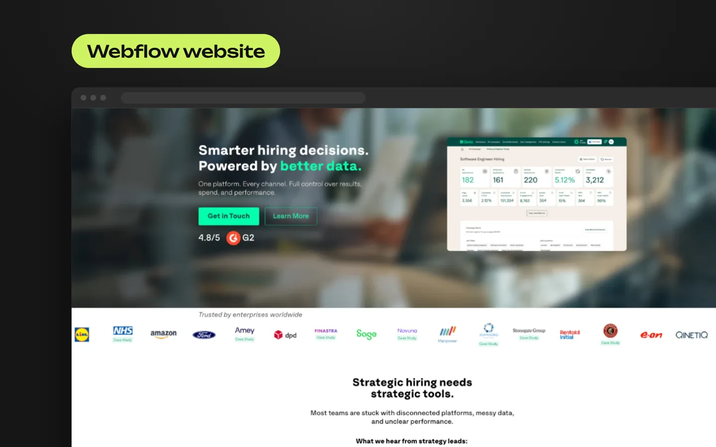Великий сайт на Webflow для recruitment-tech платформи